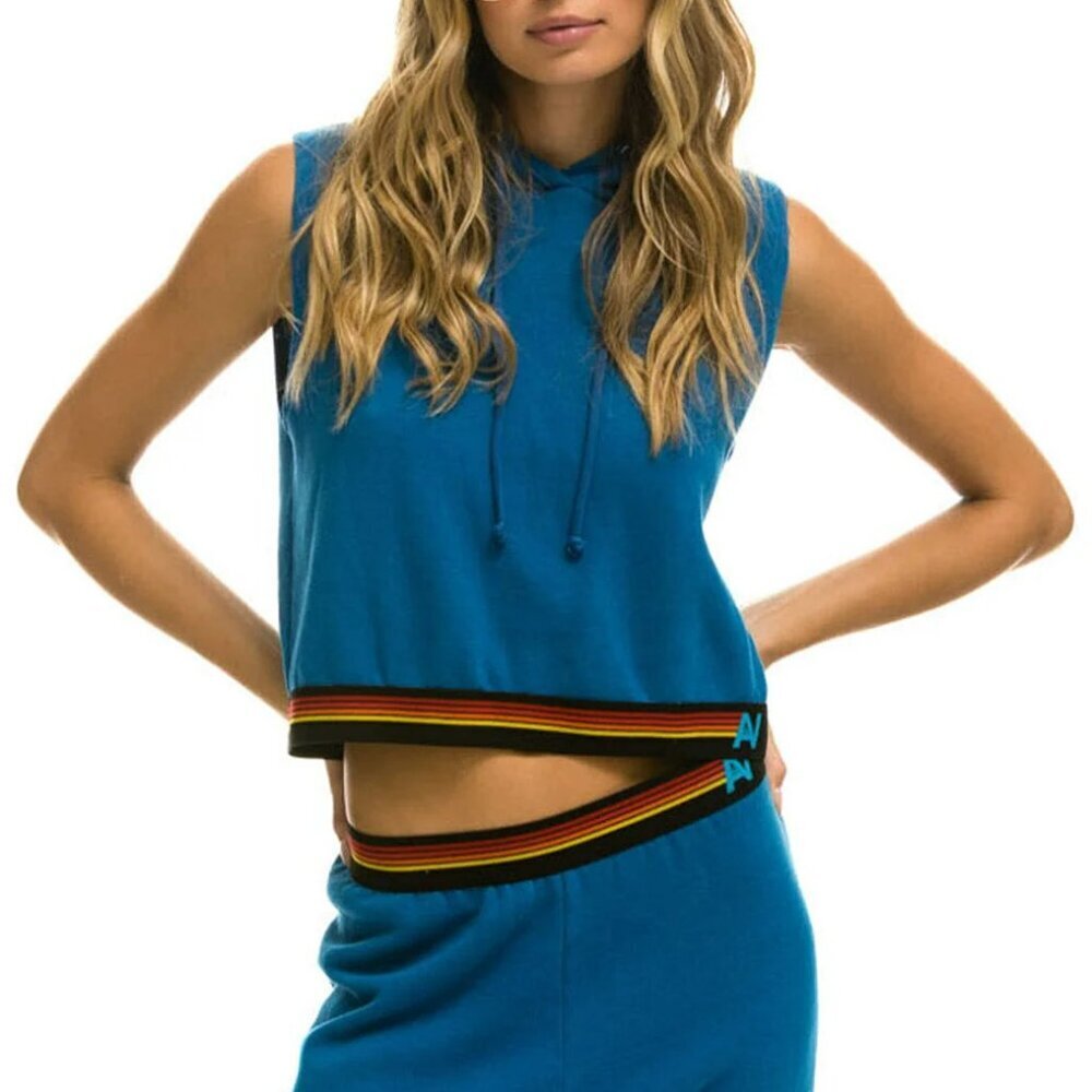 Aviator Nation LOGO STRIPE SLEEVELESS CROP PULLOVER HOODIE - CARIBBEAN Size XS